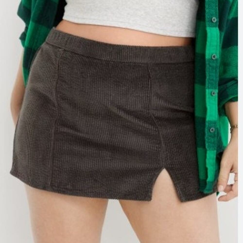 Aerie Gray Ribbed Corduroy Micro Mini Skirt Large Y2K Style Preppy Slit
